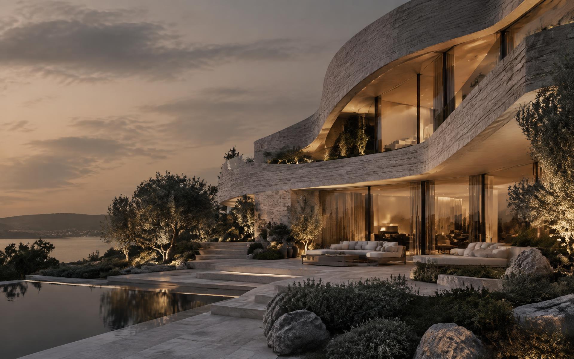 Sculpted contemporary architecture at dusk