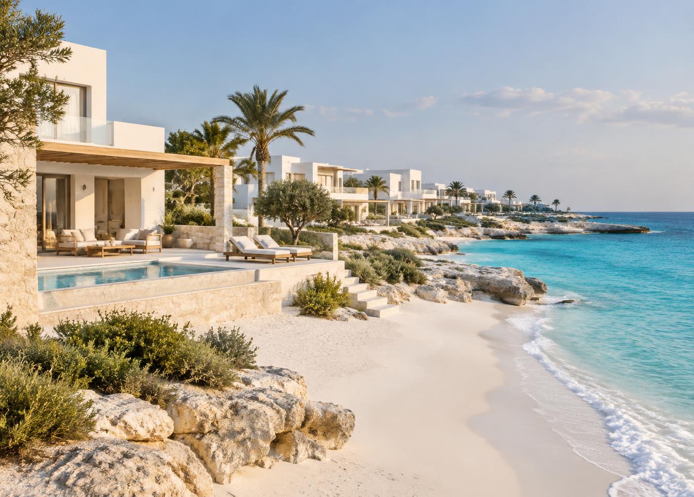 Sea Shore whitewashed coastal villas above a turquoise bay in Ras El Hekma